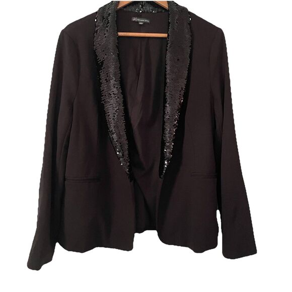 Adrianna Papell  Black Sequin Lapel Ponte Blazer Jacket L Holiday Cocktail Party - Picture 1 of 9